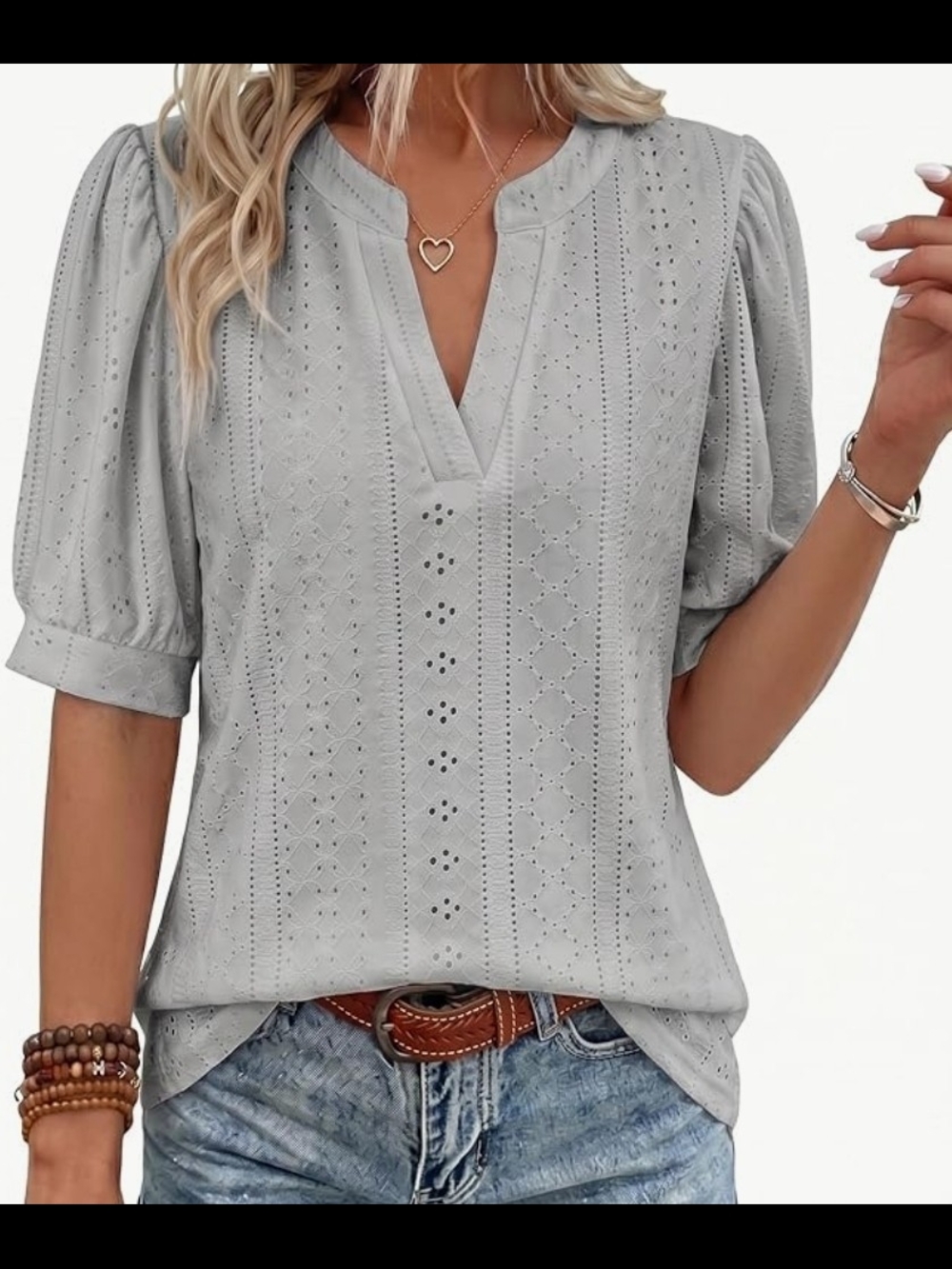 Eyelet Split-Neck Puff Sleeve Blouse — Light Gray